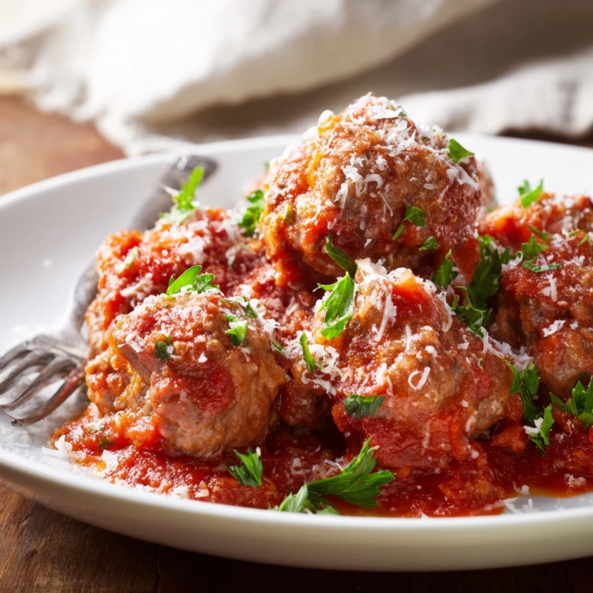 Tender authentic Italian meatballs simmered in rich tomato sauce with fresh parsley garnish
