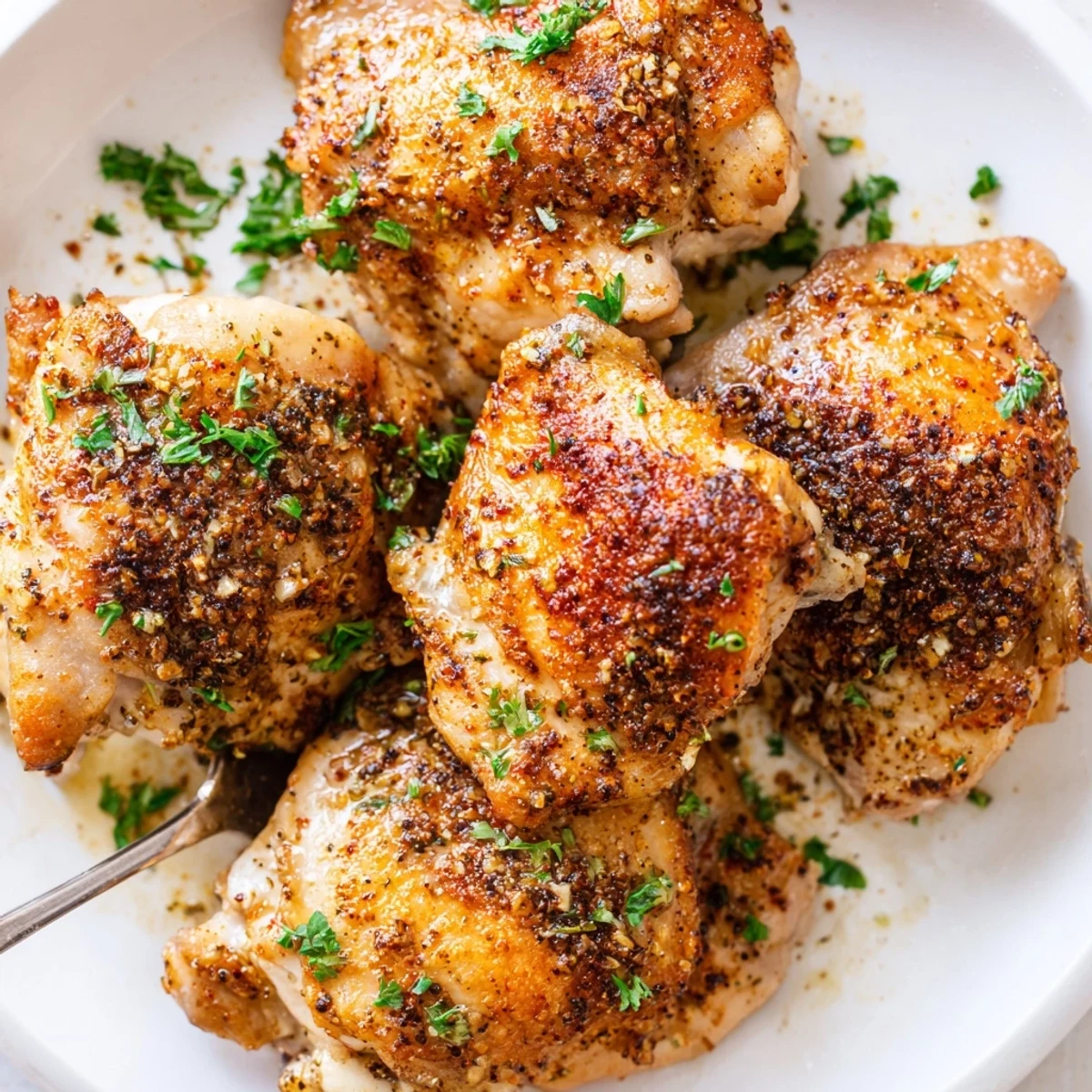 Juicy oven roasted boneless chicken thighs with crispy edges and fresh parsley topping