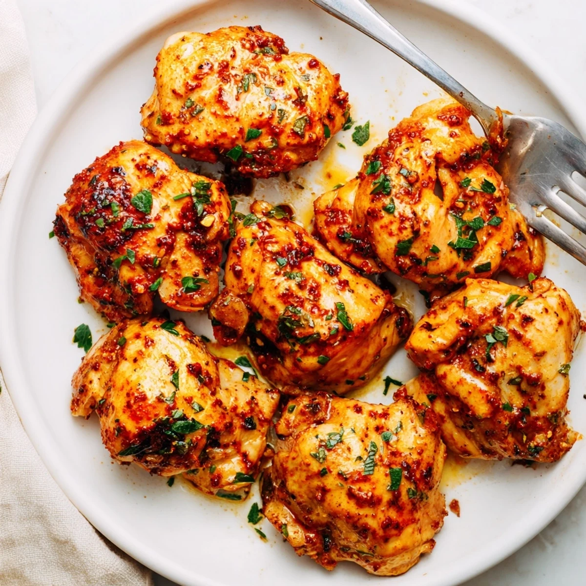 Perfectly seared chicken thighs plated with lemon wedges on a rustic wooden board