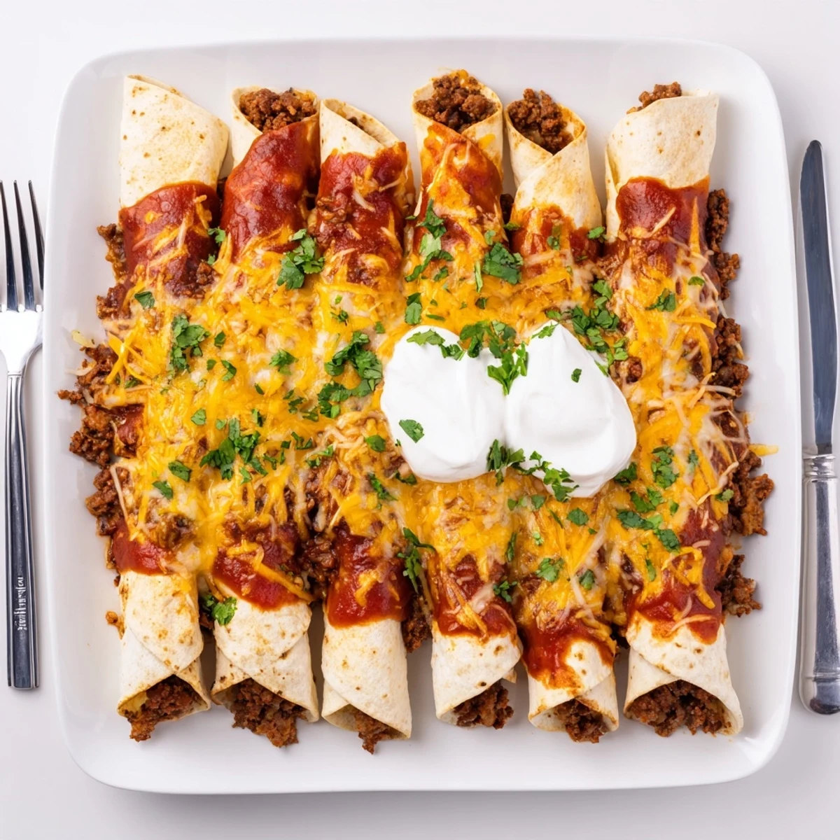 Family-friendly beef enchiladas smothered in enchilada sauce, topped with Monterey Jack and served with sour cream