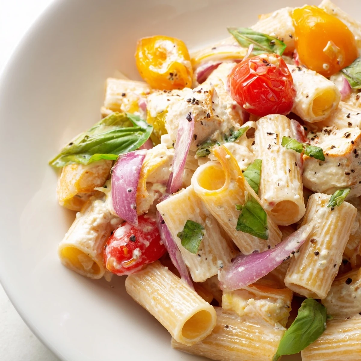 Twirled pasta strands coated in tangy whipped feta and sweet roasted tomatoes for this easy creamy feta pasta