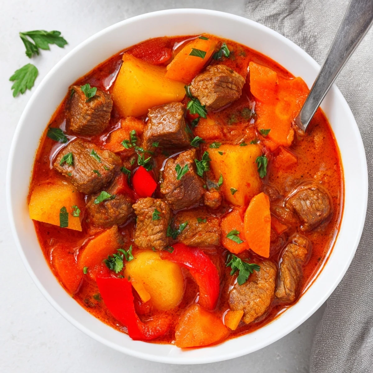 Comforting slow cooker Hungarian goulash brimming with vegetables and paprika-infused broth