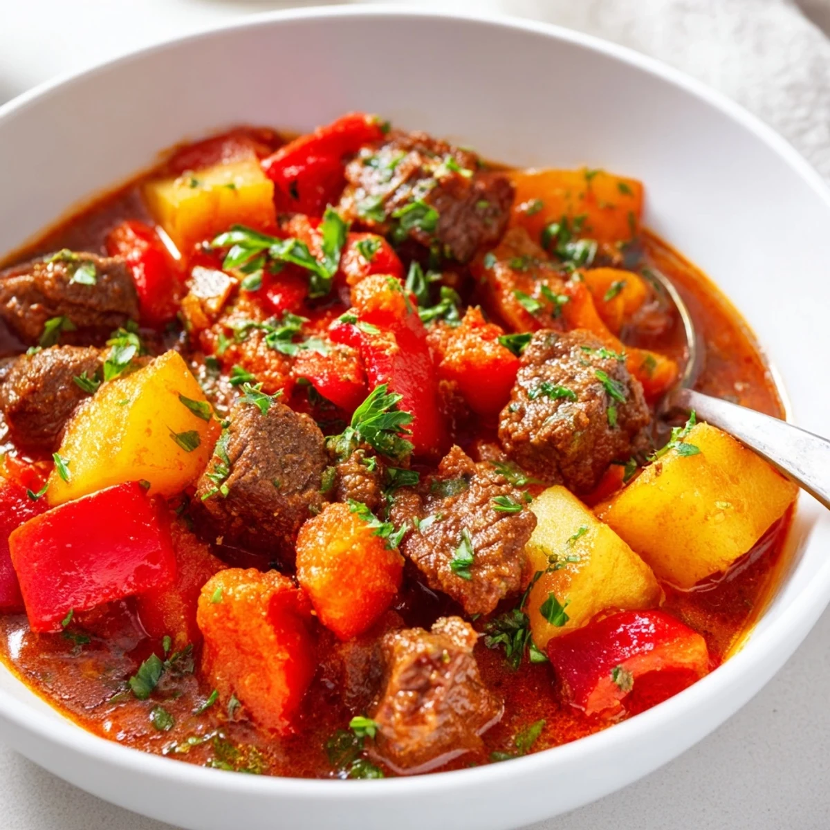 Hearty slow cooker Hungarian goulash with tender beef cubes in rich paprika sauce