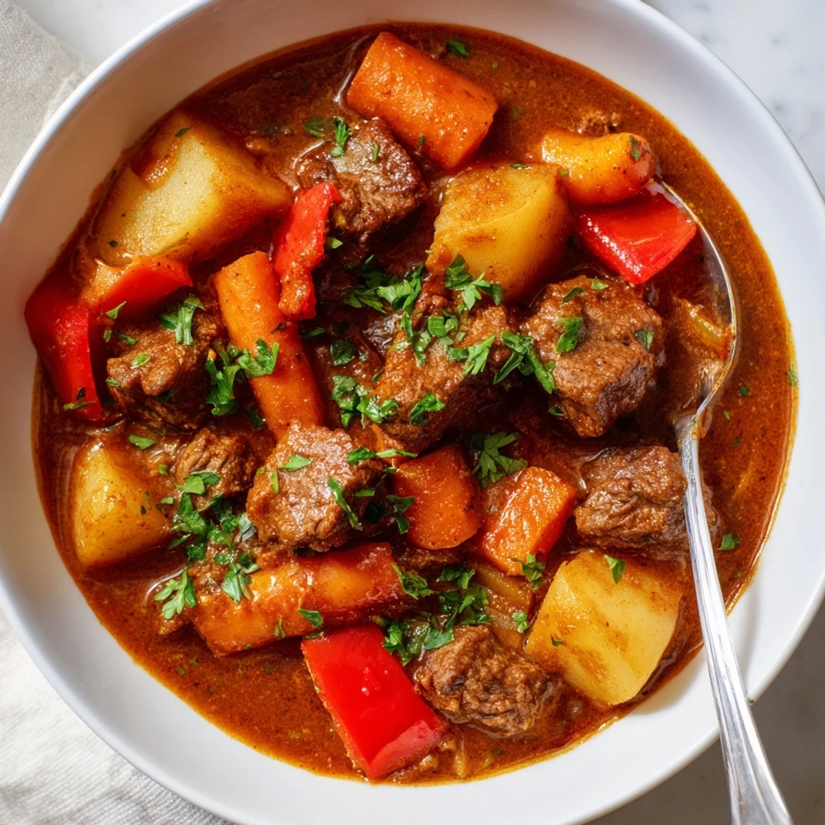 Savory slow cooker Hungarian goulash featuring melt-in-your-mouth beef chunks and fresh parsley garnish