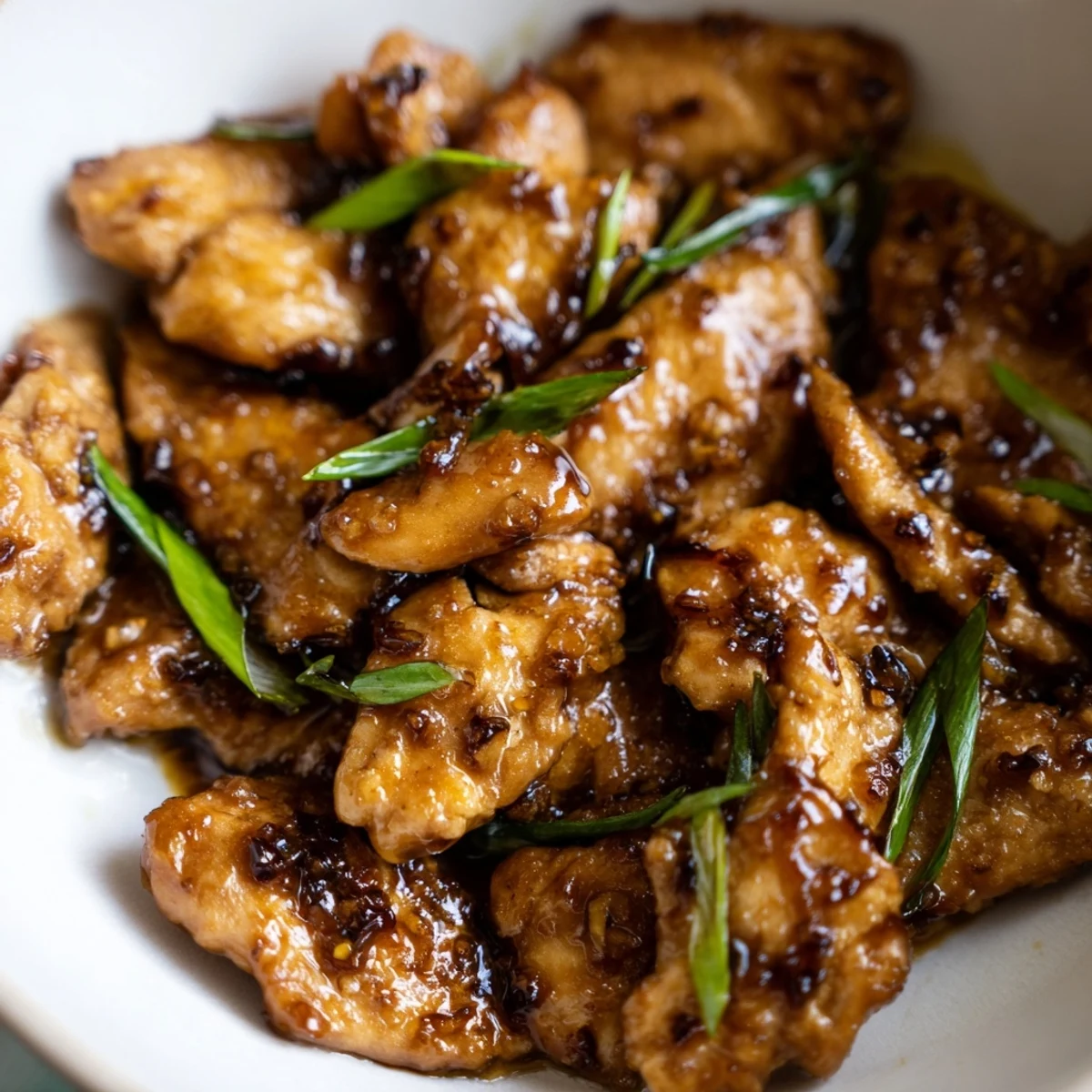 Mongolian chicken stir-fry featuring tender meat and fresh green scallions over white rice