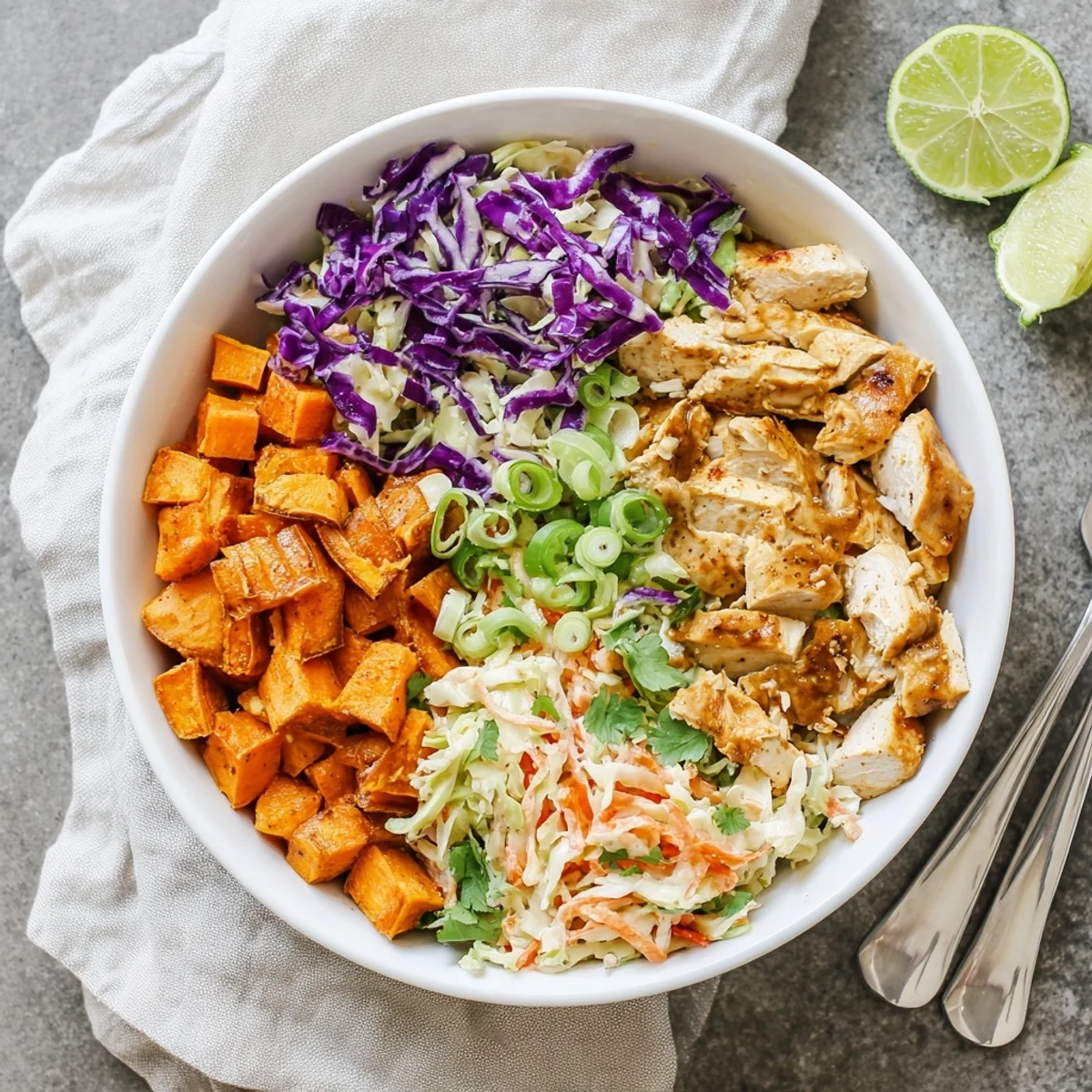 Sliced BBQ chicken served over caramelized sweet potato cubes and tangy purple green cabbage slaw