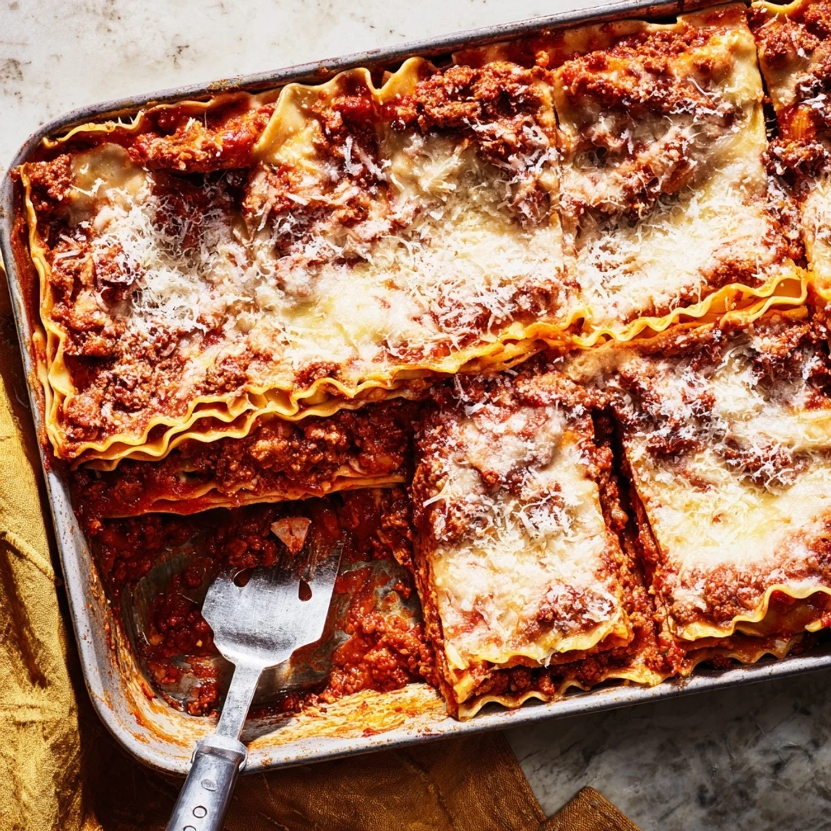 Golden brown classic lasagna with bubbling cheese layers and rich meat sauce oozing from the edges