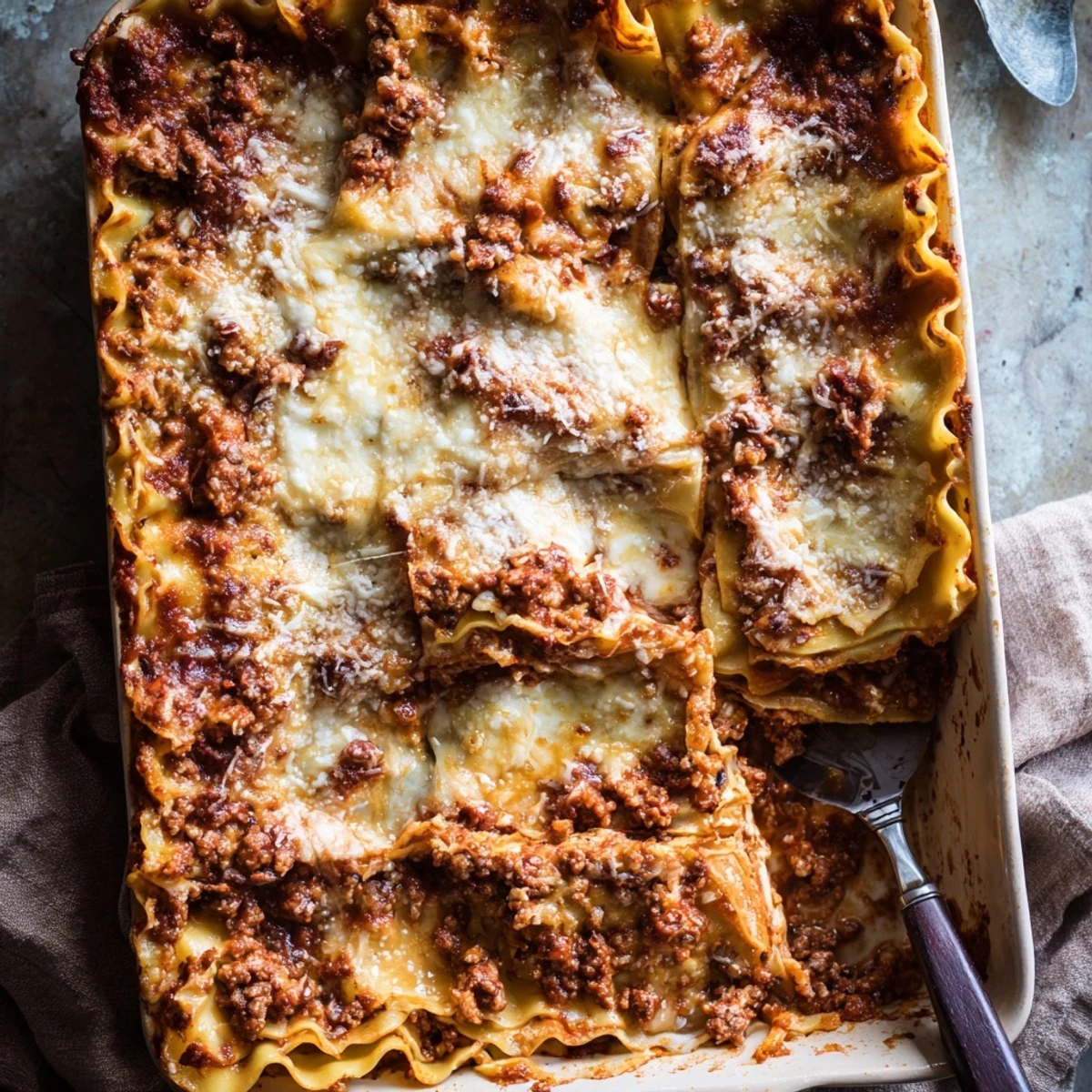 Steam rising from a square of classic lasagna showcasing tender pasta noodles sandwiched between hearty beef ragu and creamy white béchamel