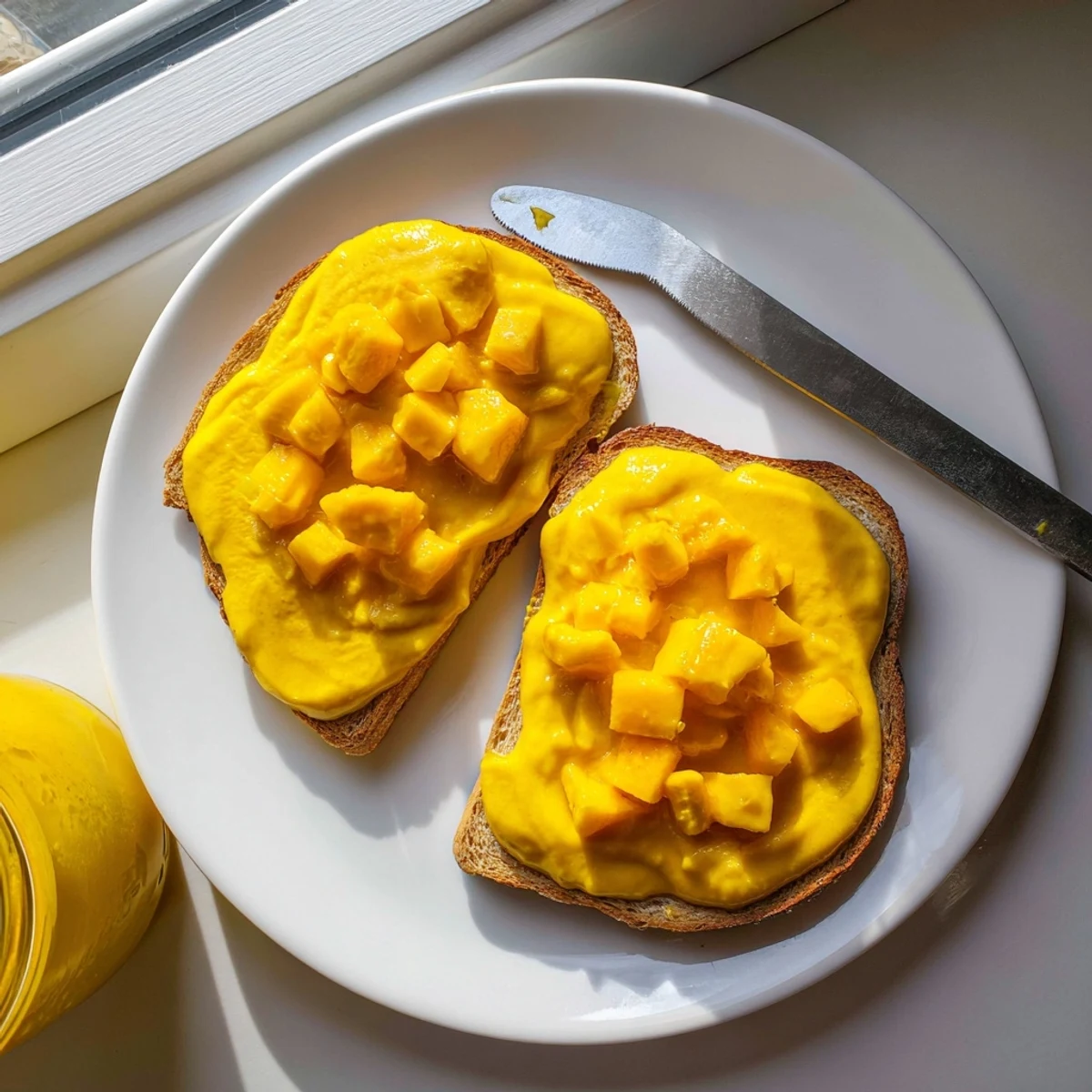 Golden vegan mango curd spooned into a glass jar, showcasing its creamy, vibrant texture