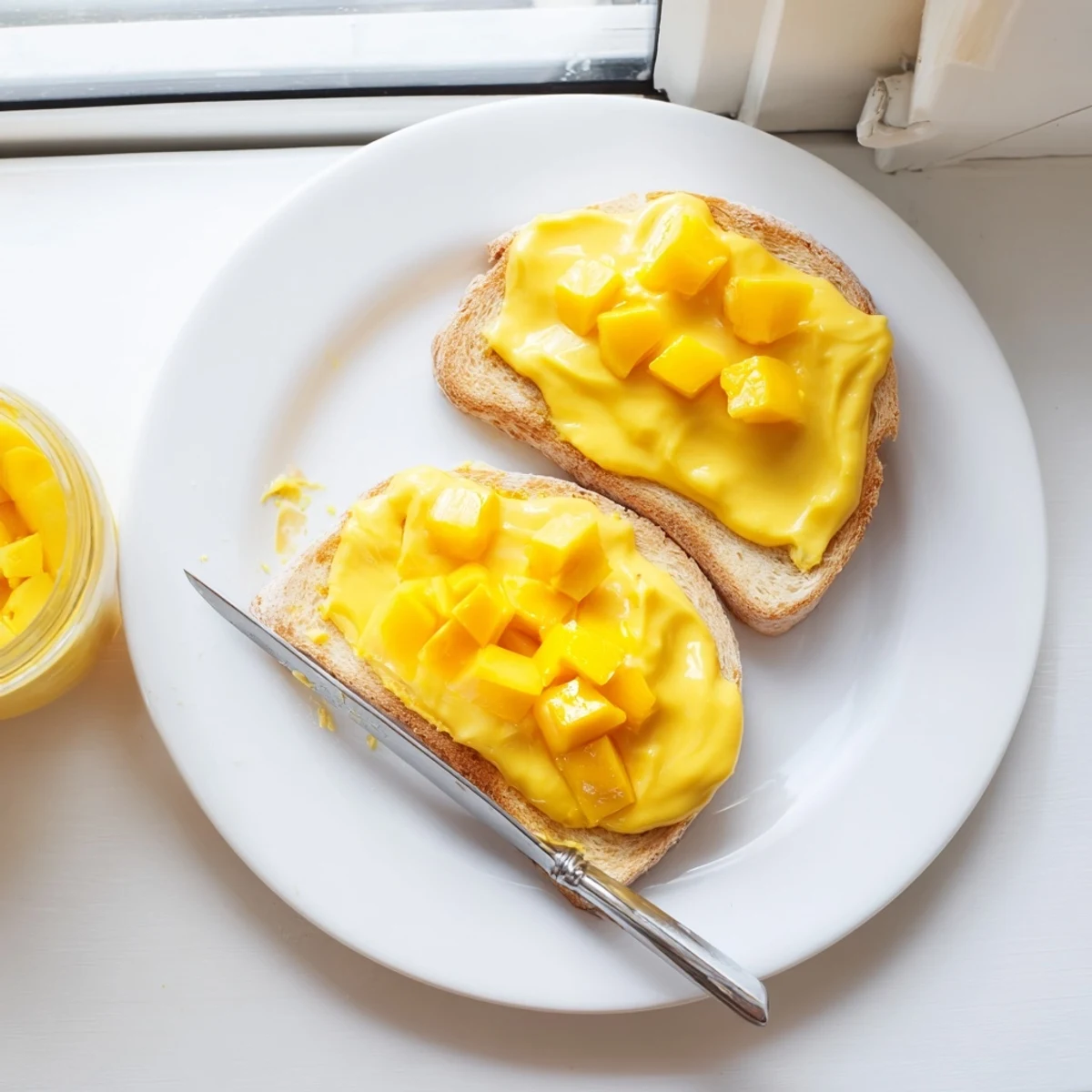 Luscious egg-free mango curd swirling on toast, highlighting its smooth, spreadable consistency