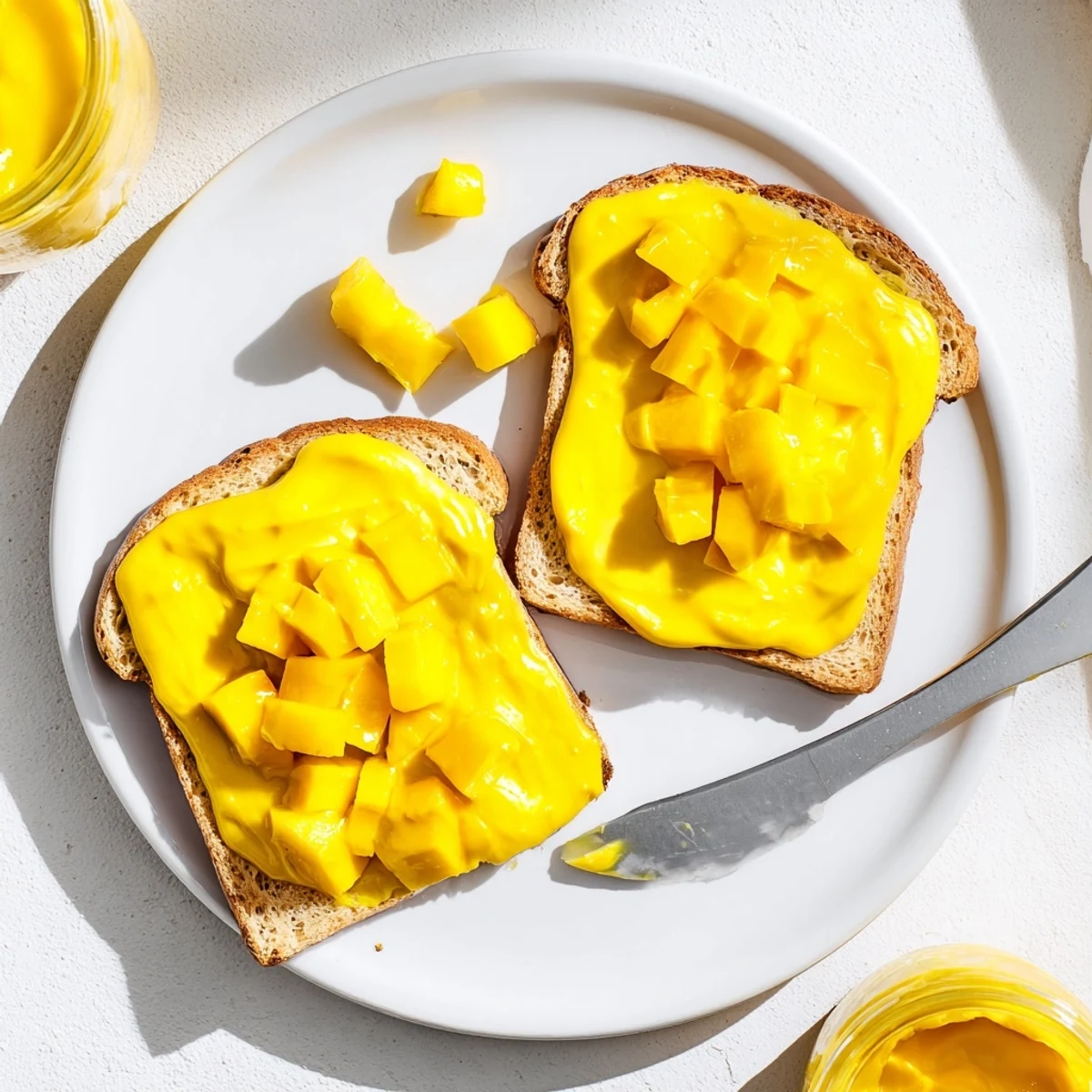 Bright yellow easy vegan mango curd layered in a dessert bowl with fresh mango chunks