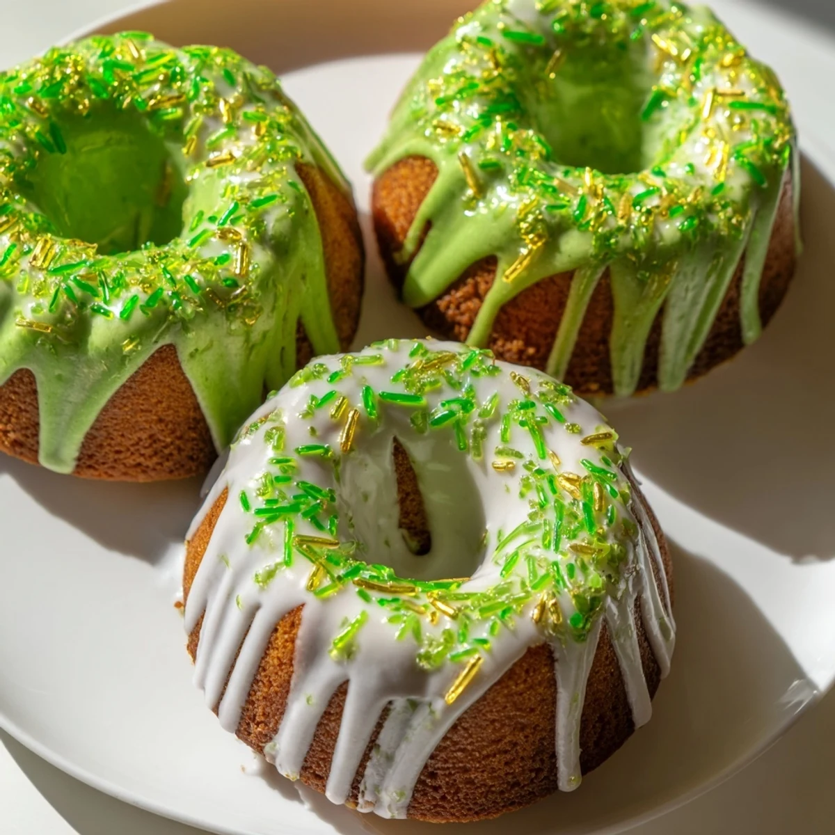 Vibrant green velvet mini bundt cakes drizzled with white vanilla glaze and festive sprinkles.