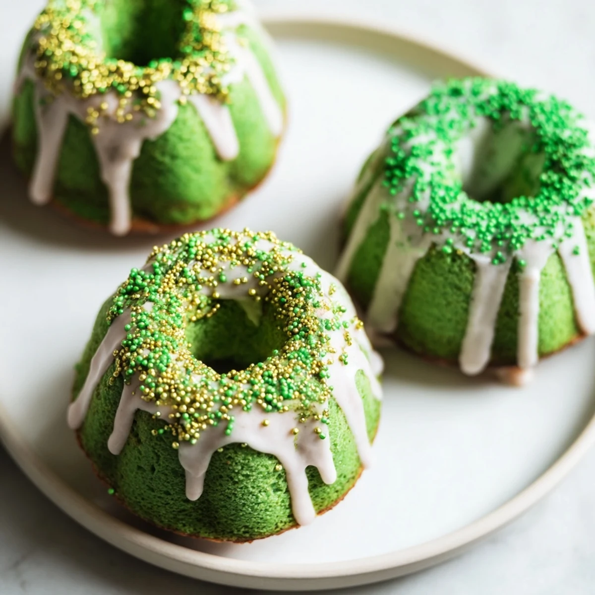 Moist chocolate kissed St. Patricks green velvet mini bundt cakes topped with creamy frosting.