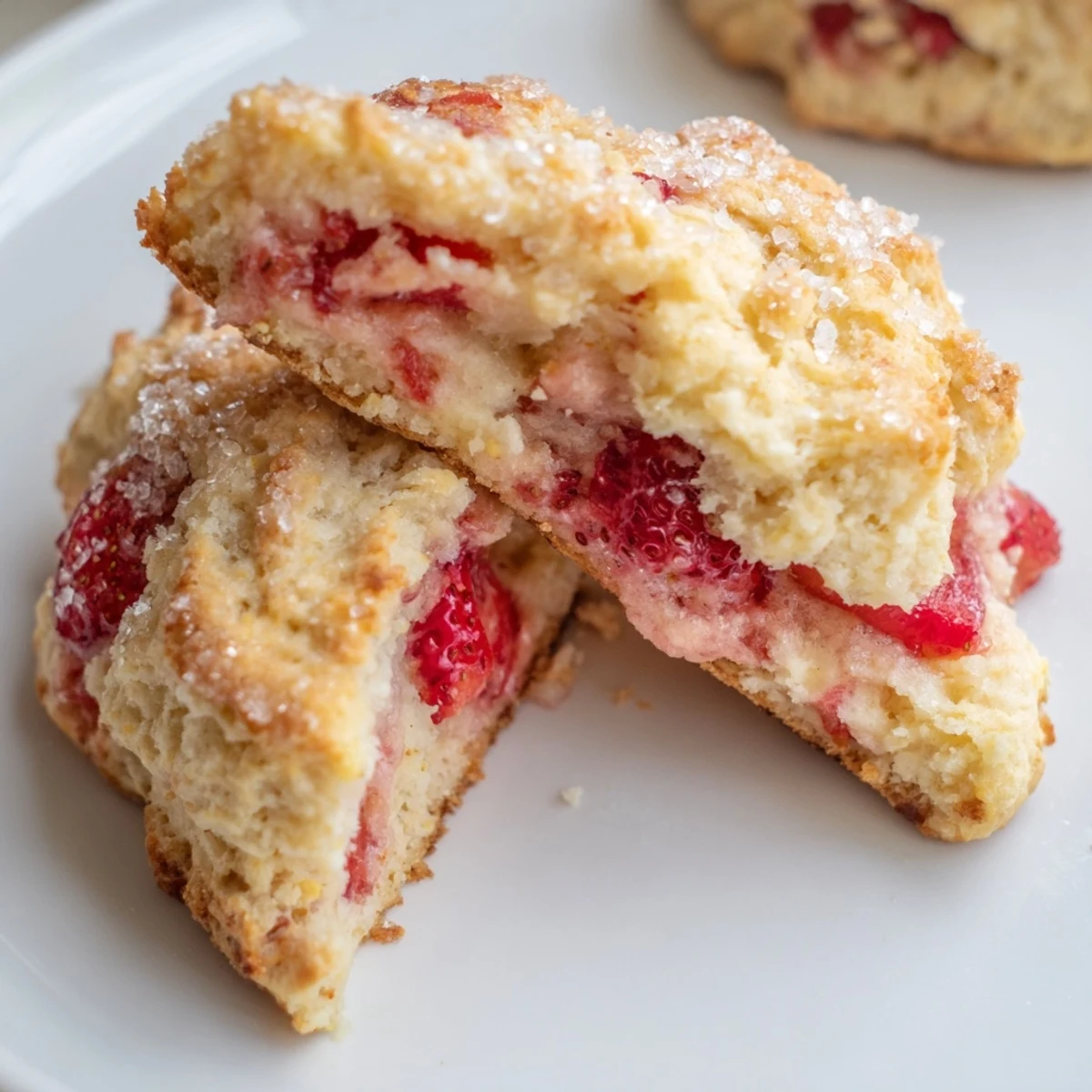 Golden homemade strawberry scones topped with coarse sugar and fresh red berry chunks