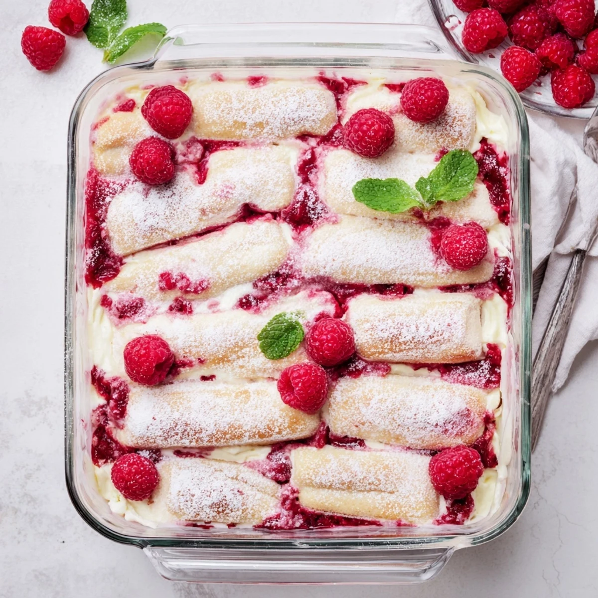 Layered raspberry tiramisu dessert with creamy mascarpone and coffee-soaked ladyfingers in a glass dish