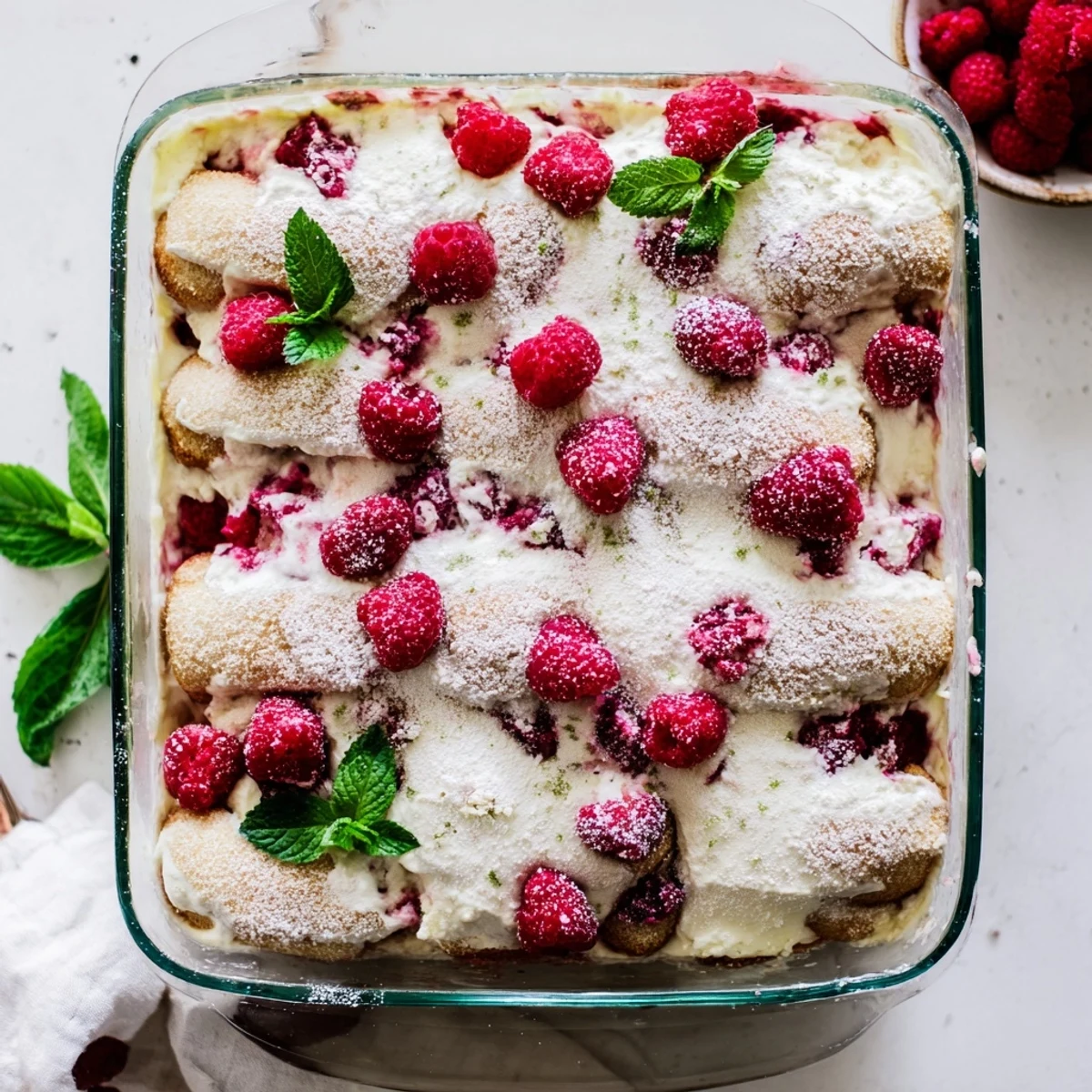 Fresh raspberry tiramisu topped with powdered sugar and mint leaves on a white serving plate