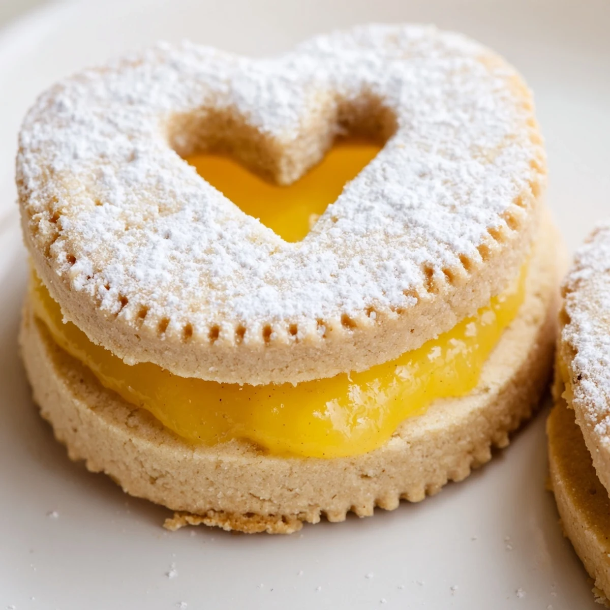 Golden Meyer lemon curd sandwich cookies with cutout windows revealing bright yellow filling