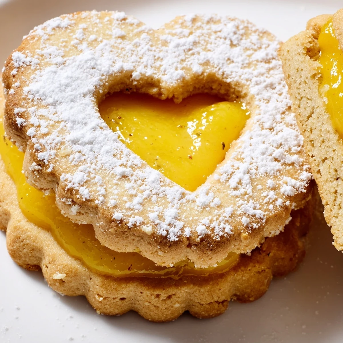 Buttery almond flour Linzer cookies dusted with powdered sugar and tangy Meyer lemon curd