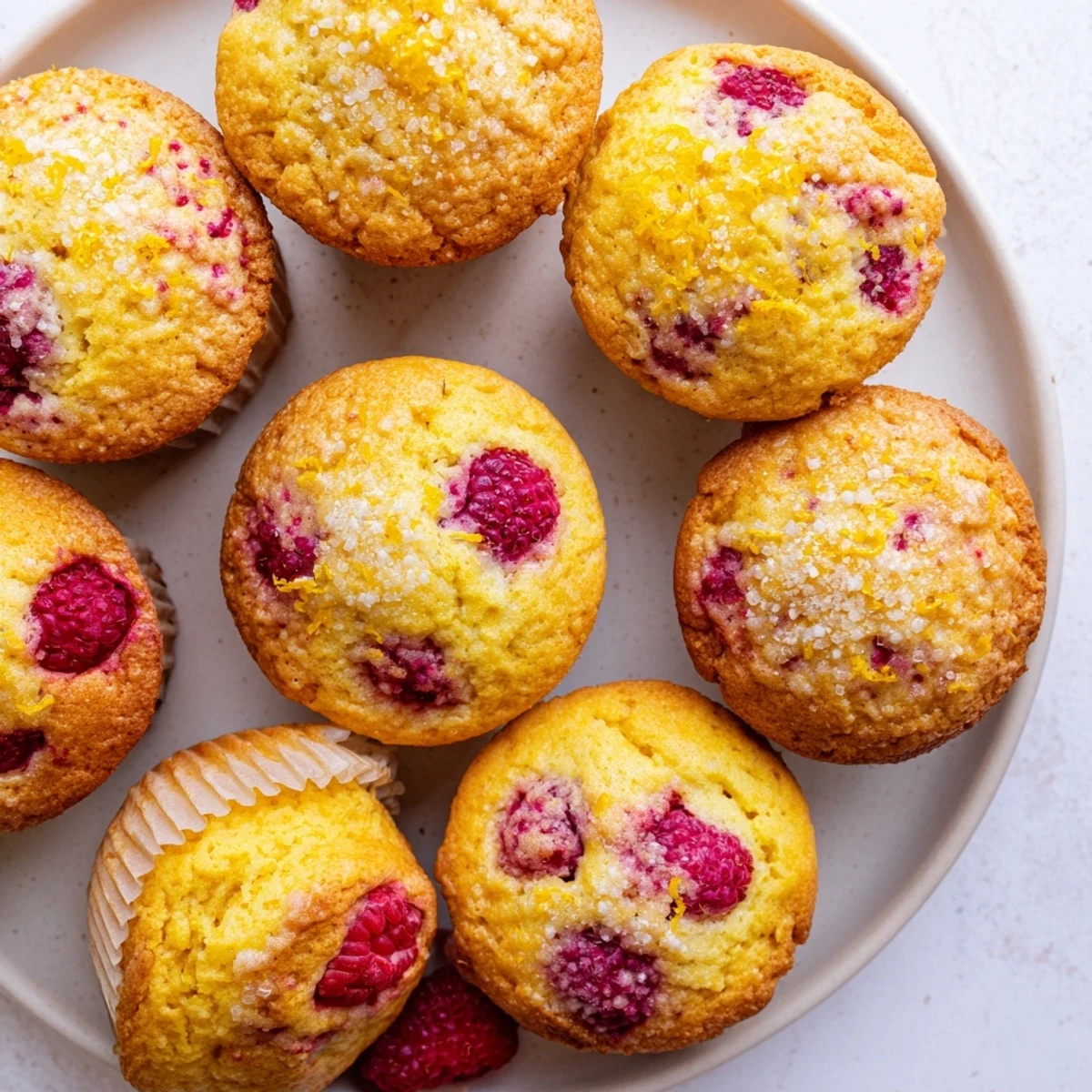 Golden lemon raspberry muffins with fresh berries peeking through a crumbly, sugar-dusted topping