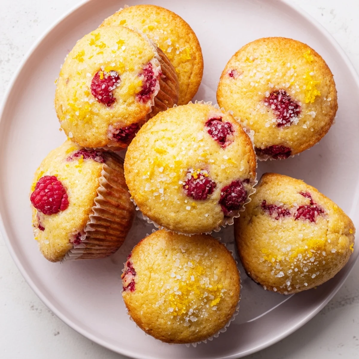 Zesty lemon raspberry muffins split open revealing moist tender crumb studded with juicy raspberries