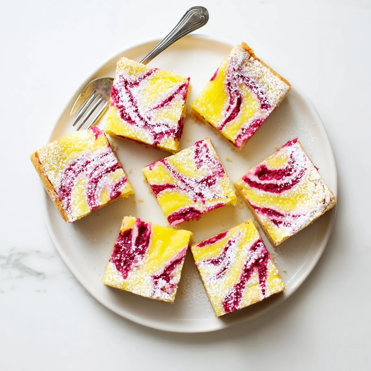 Golden lemon raspberry swirl bars with raspberry ribbons swirled through bright lemon curd on buttery shortbread