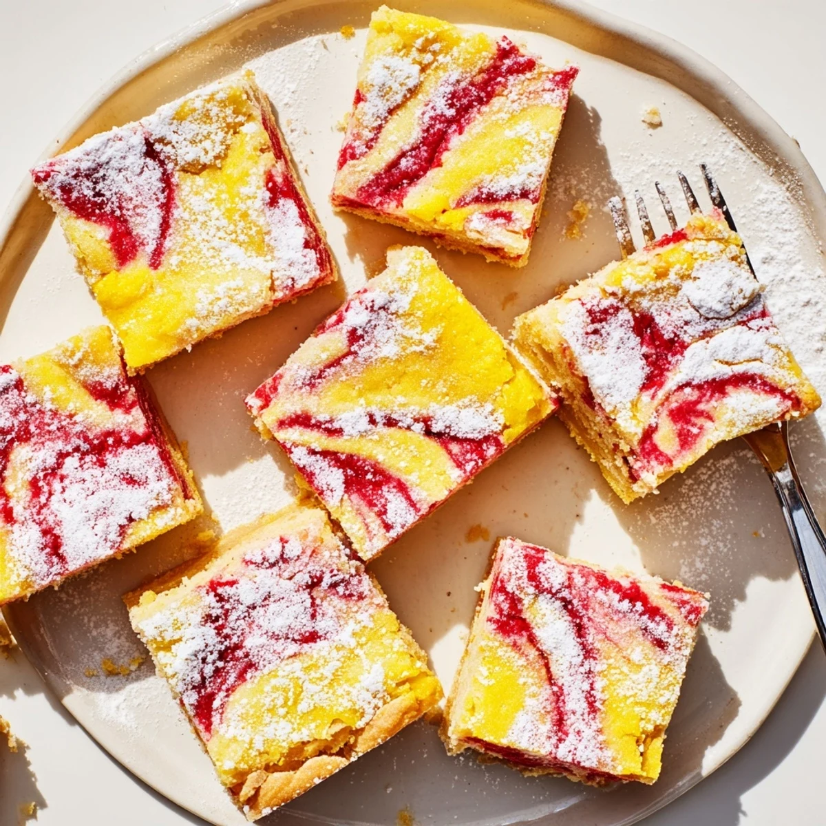 Freshly baked lemon raspberry swirl bars featuring a marble of tart raspberry sauce over tangy lemon filling