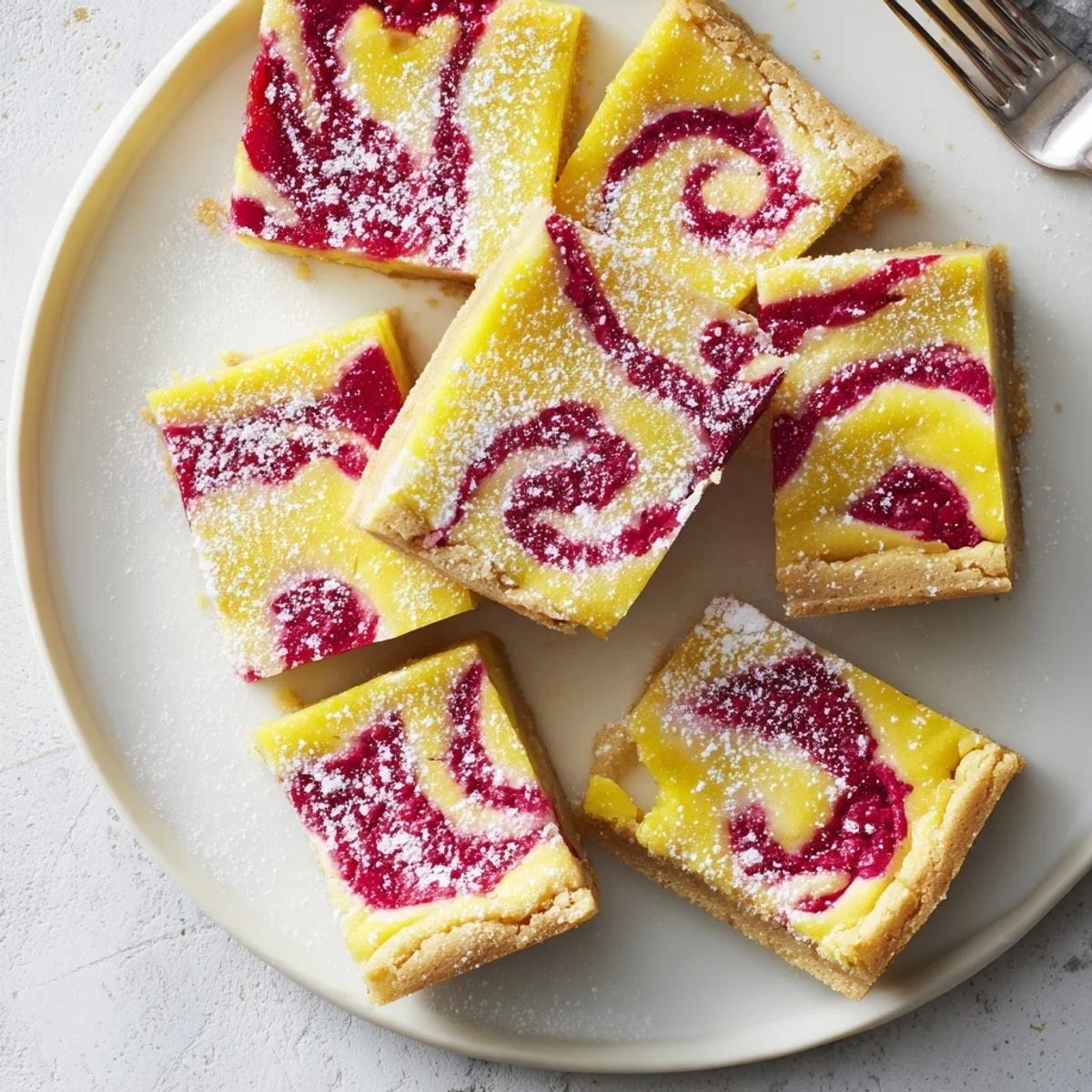 Sliced lemon raspberry swirl bars on a white plate, showcasing the vibrant red raspberry swirl against yellow lemon