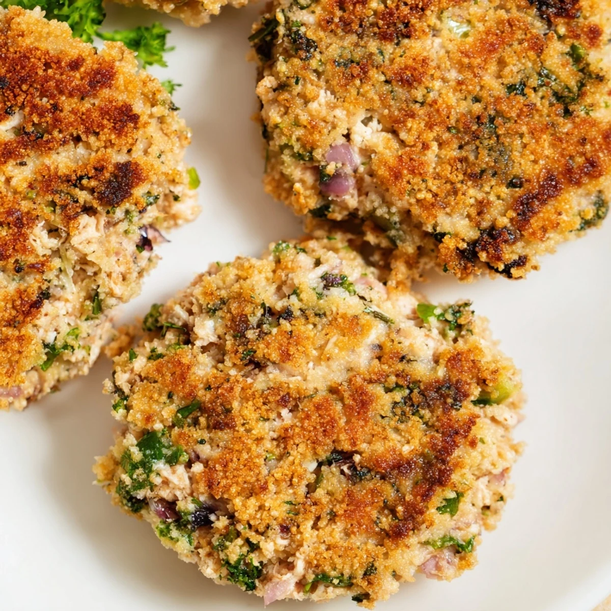 Homemade crispy tuna cakes piping hot from the skillet, accompanied by light side salad and dipping sauce