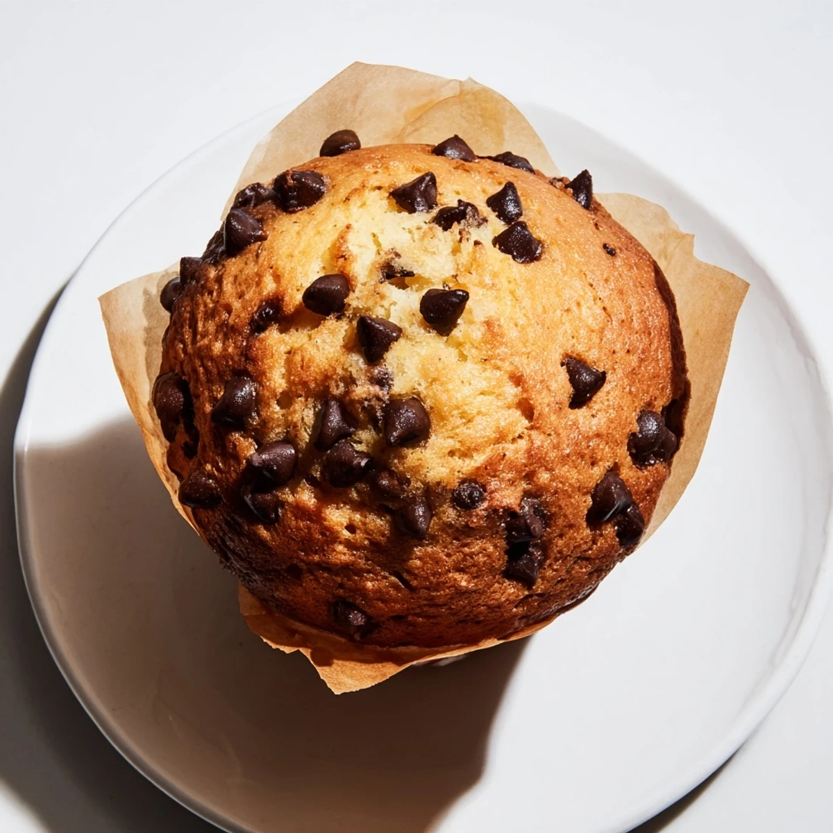 Golden bakery style chocolate chip muffins with tall domed tops and melted chocolate spots