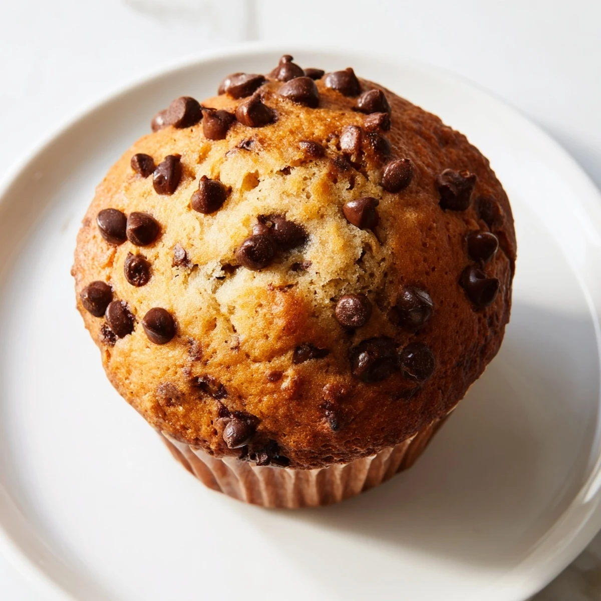 Fluffy chocolate chip muffins bursting with semi-sweet chips and golden brown bakery style crust