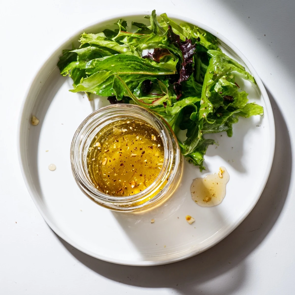 Golden easy lemon vinaigrette dressing drizzled over crisp green salad in white bowl