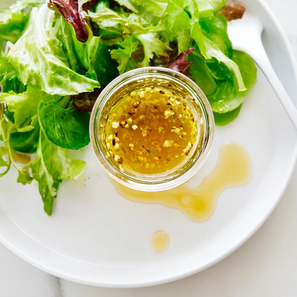 Glass jar of creamy easy lemon vinaigrette dressing with fresh lemon slice garnish