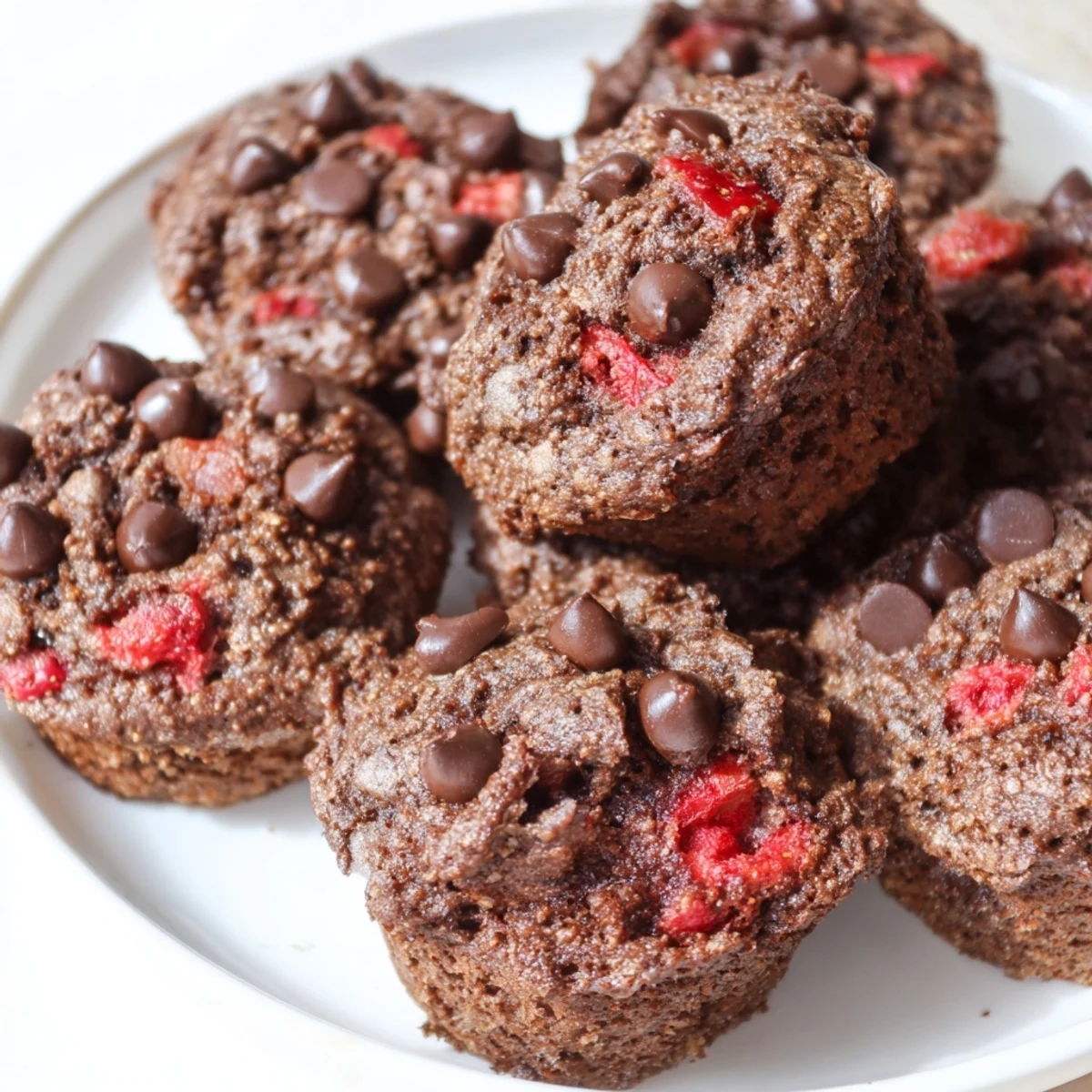 Fresh baked double chocolate strawberry muffins topped with melting chocolate chips and juicy red strawberry pieces