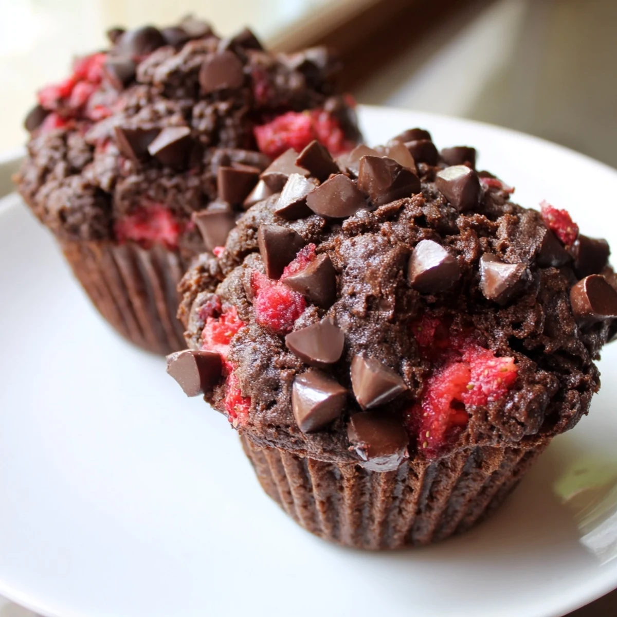 Moist chocolate muffins studded with fresh diced strawberries and semi-sweet chocolate chips on a wire rack
