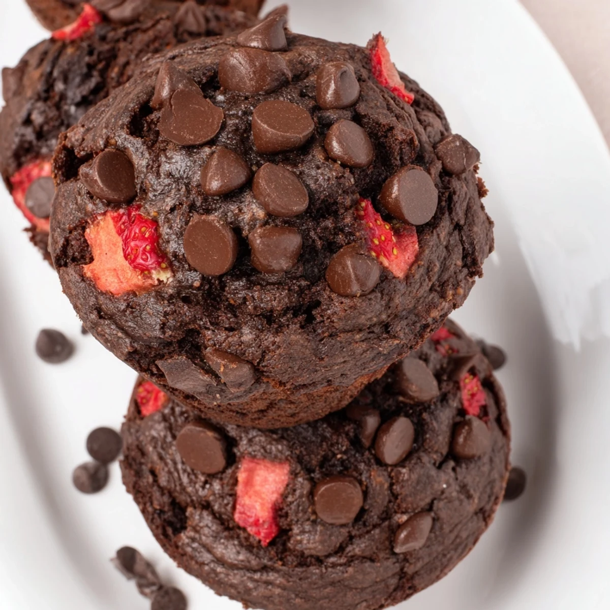 Homemade double chocolate strawberry muffins with golden tops and bursts of sweet fruit throughout the crumb