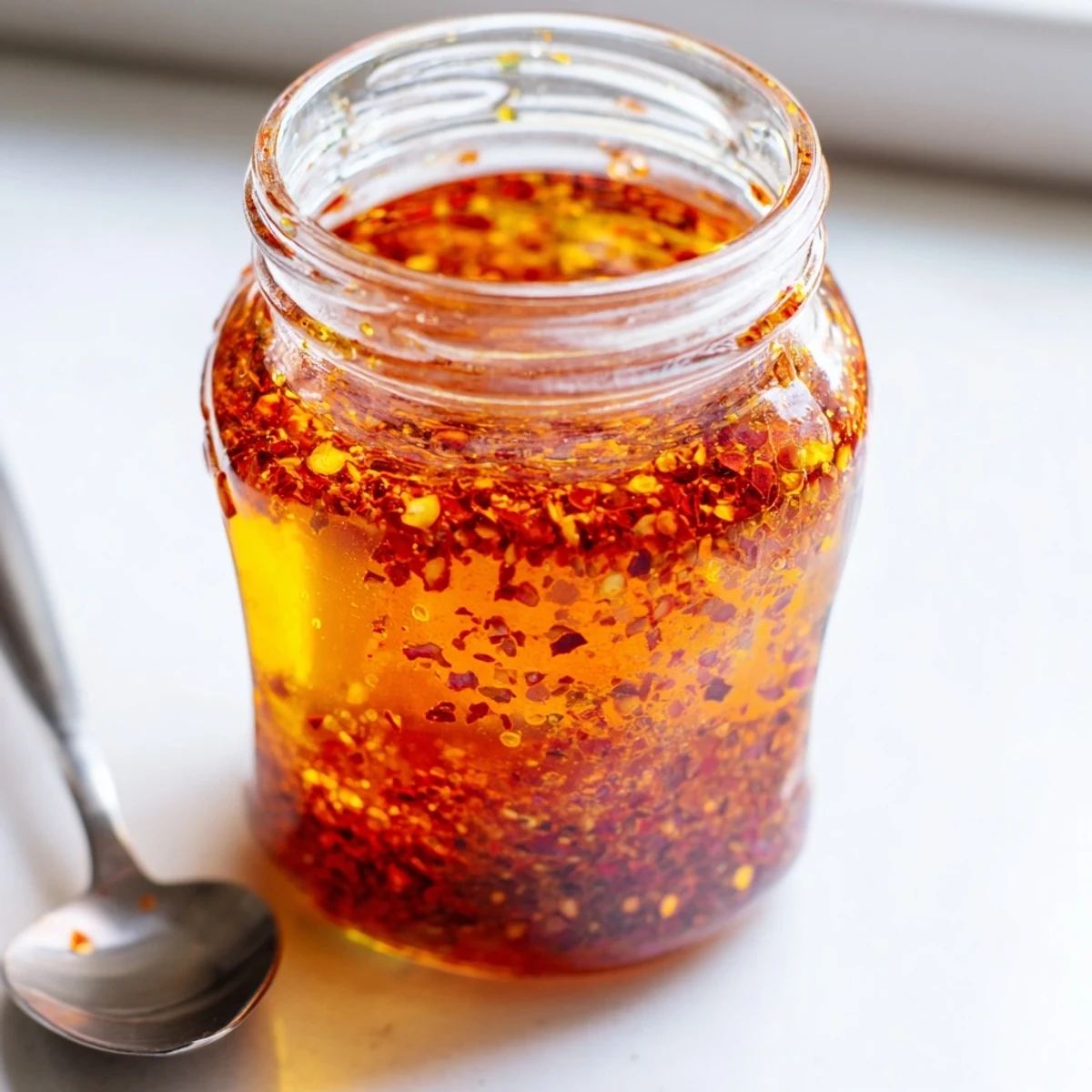 Golden homemade hot honey infused with red chili flakes drizzled over crispy fried chicken