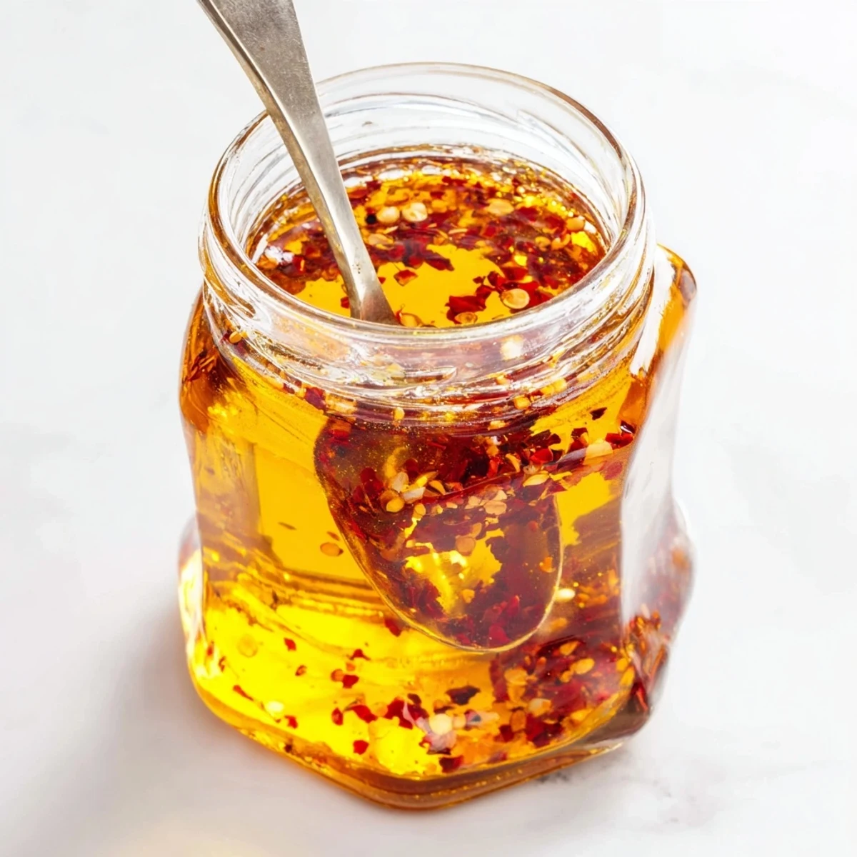 Amber sweet hot honey swirl with visible chili specks in glass jar on wooden board