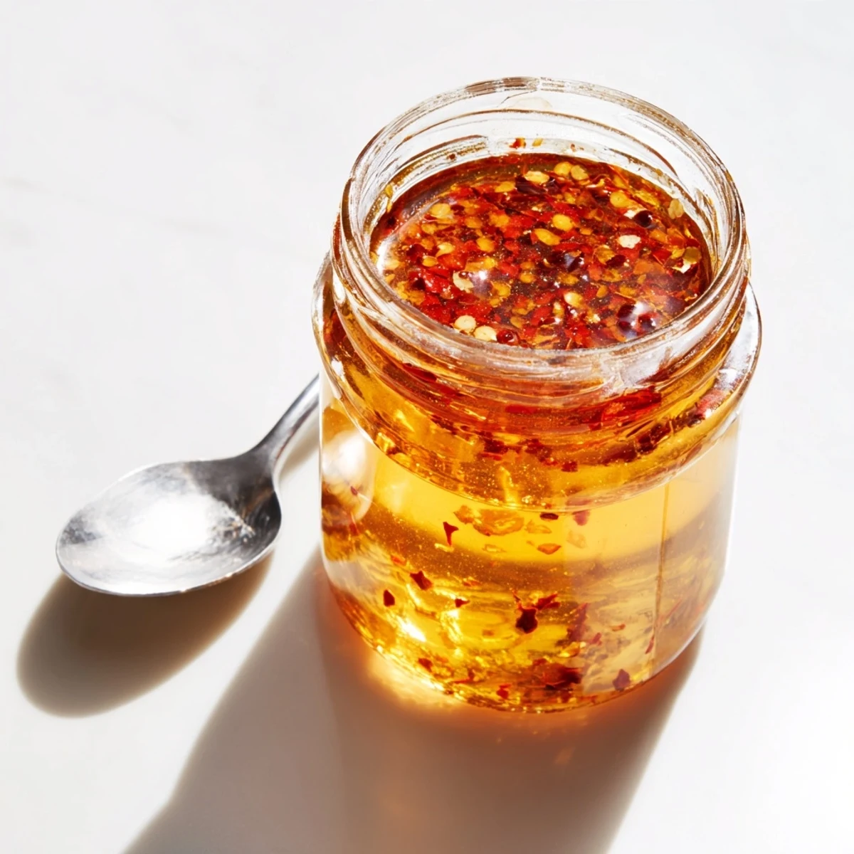 Spicy homemade hot honey poured generously over melted cheese and charred pizza crust