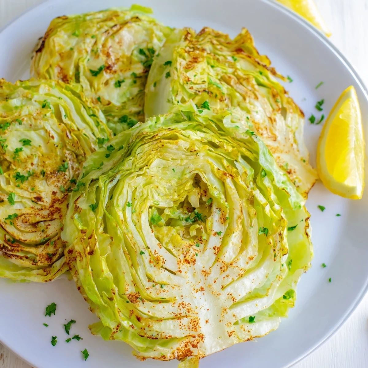 Golden brown roasted cabbage steaks with caramelized edges and seasonings on a white baking sheet