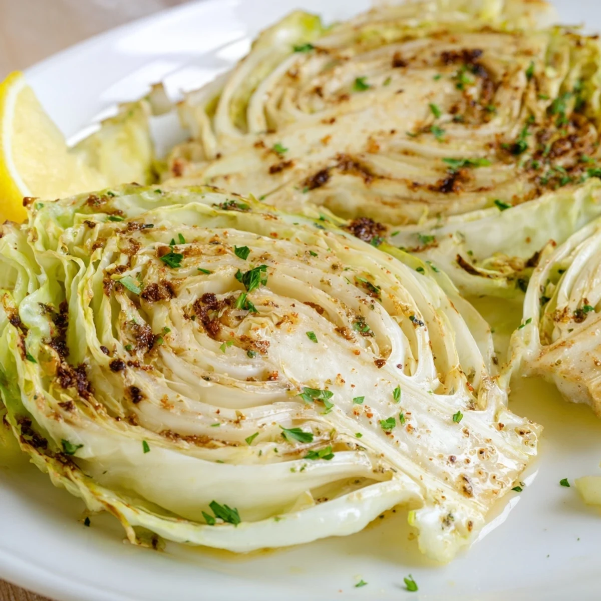 Close-up of seasoned roasted cabbage steaks garnished with fresh parsley on a rustic wooden serving platter