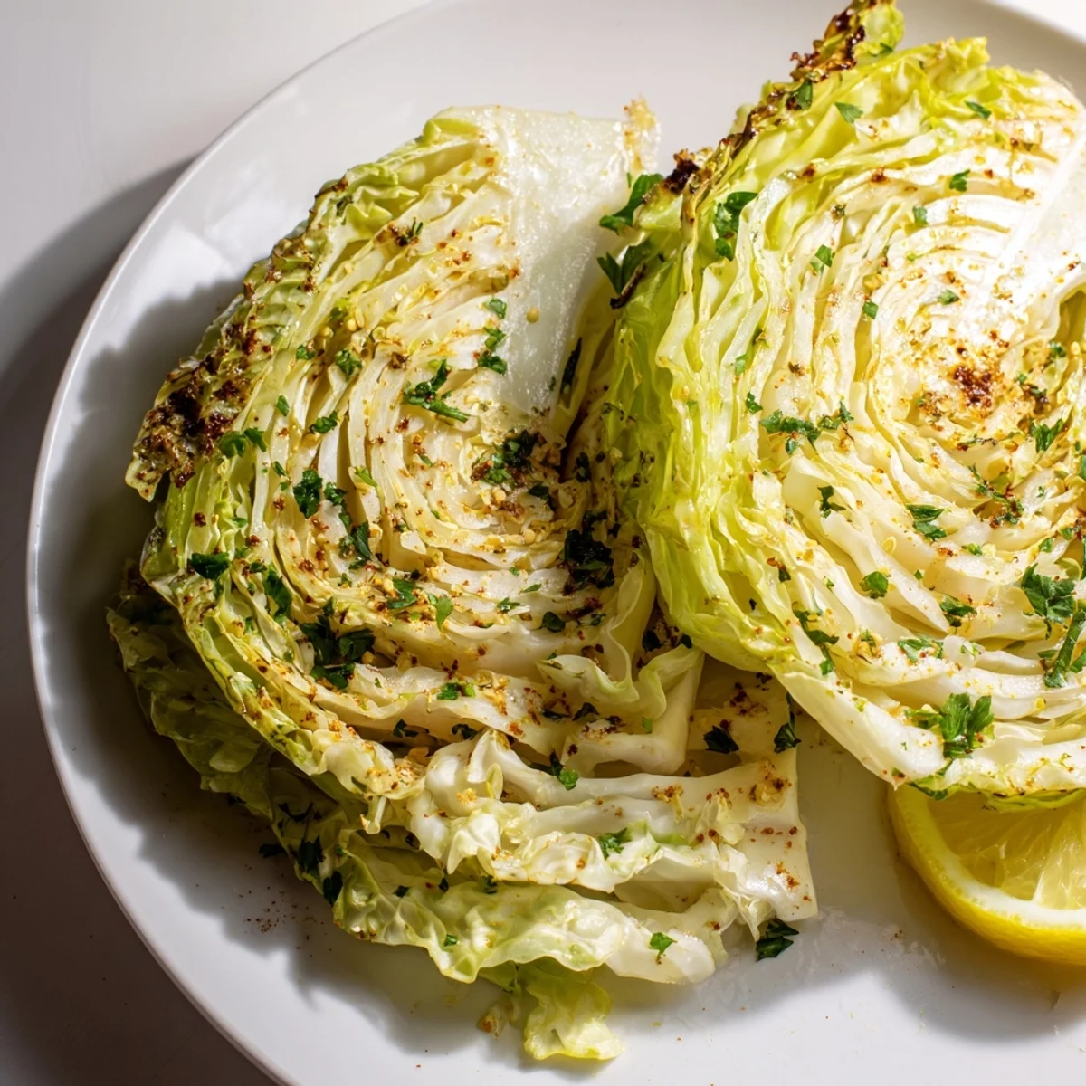 Thick slices of green cabbage roasted until tender with crispy golden brown edges and savory spices