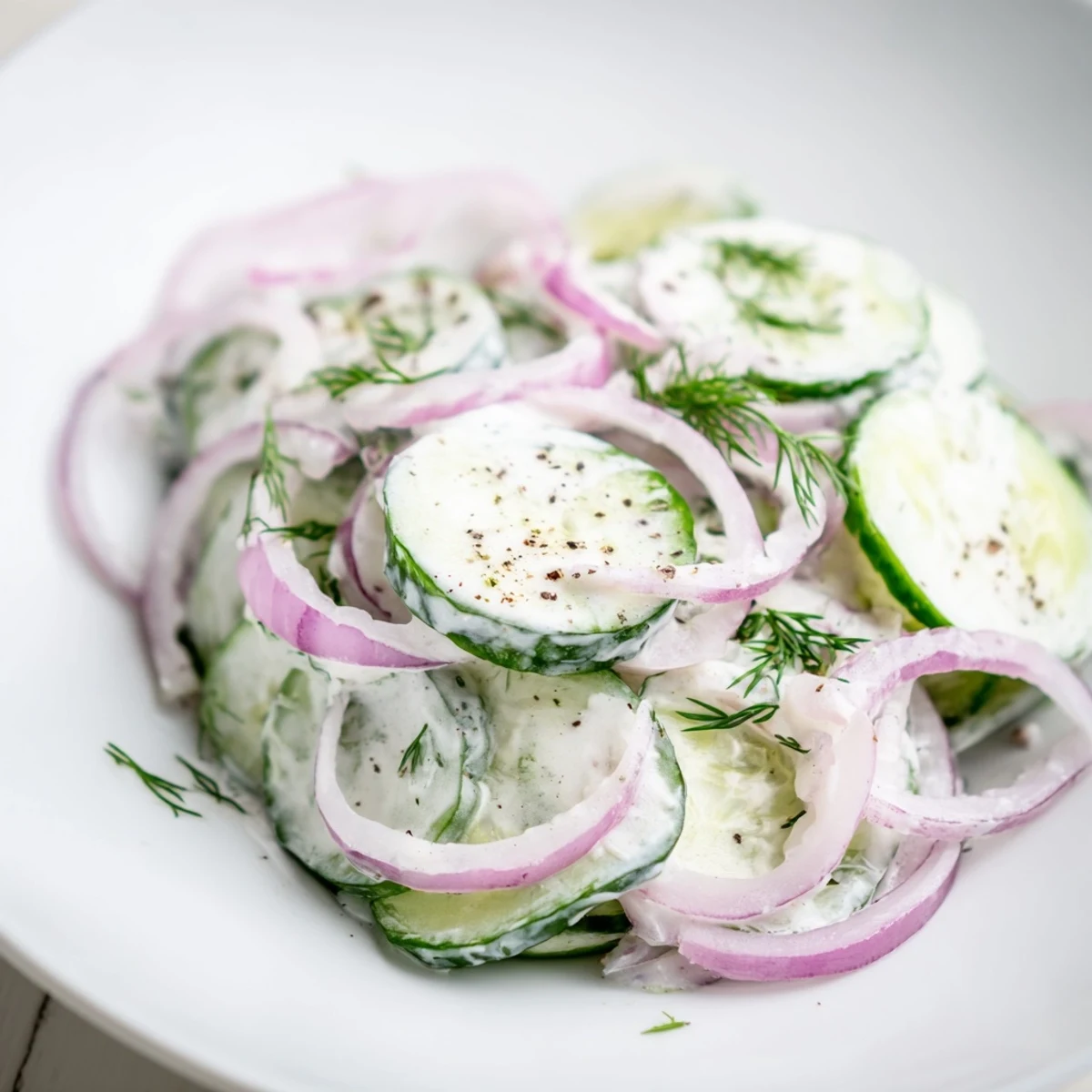 Creamy cucumber salad featuring thinly sliced vegetables coated in tangy sour cream and mayonnaise dressing.