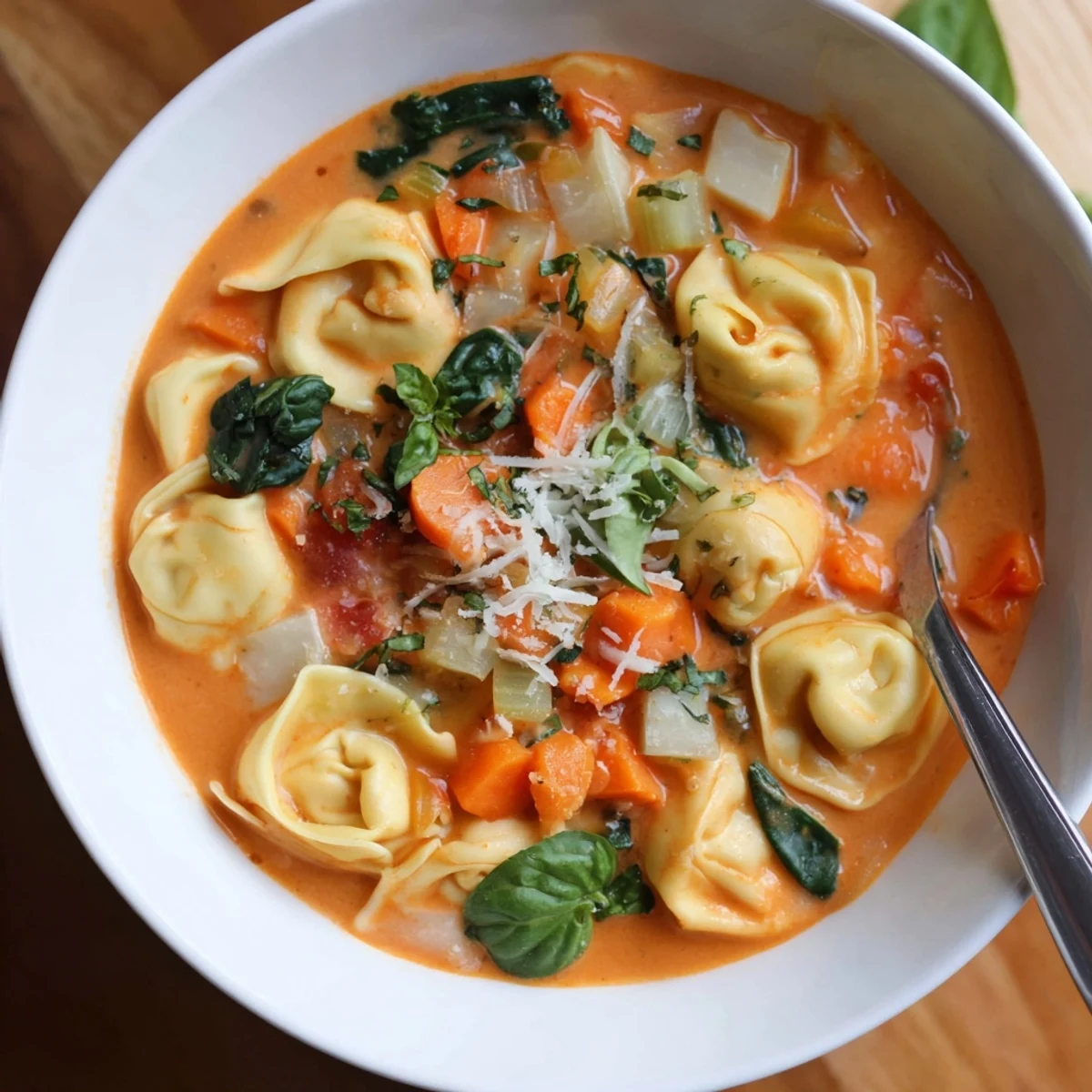 Creamy tortellini soup with tender vegetables and spinach in a golden broth, garnished with fresh parsley and Parmesan