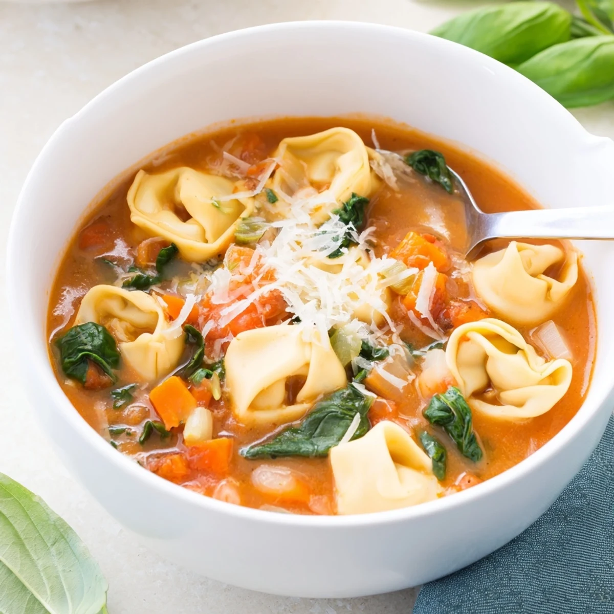 Hearty bowl of comforting creamy tortellini soup featuring cheese-filled pasta floating in a rich velvety tomato base