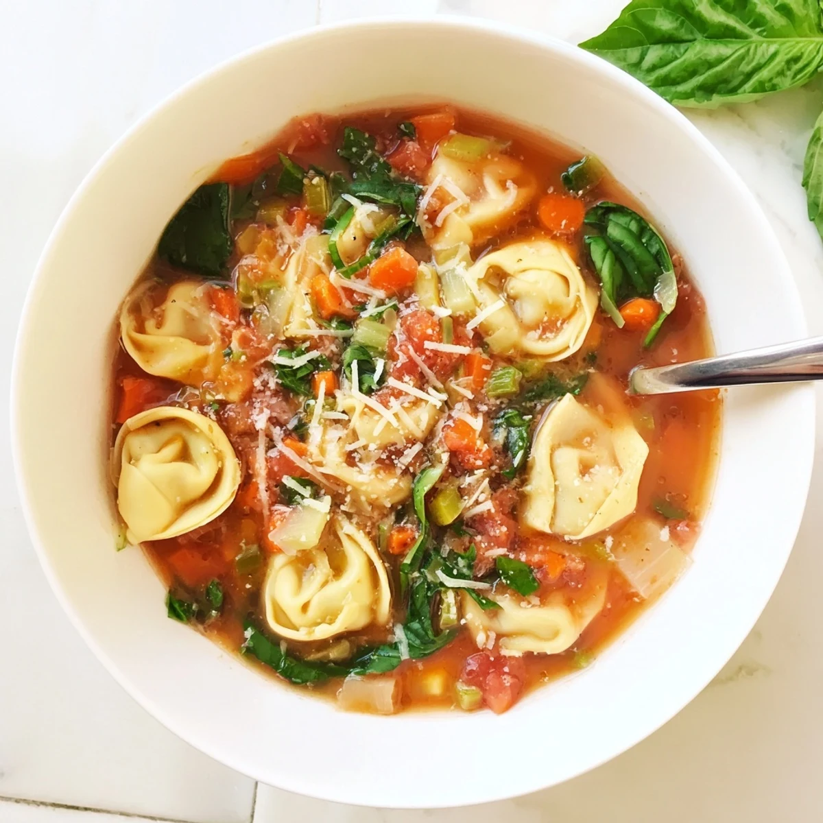 Steamy creamy tortellini soup served with crusty bread, showcasing colorful carrots, celery, and wilted spinach throughout