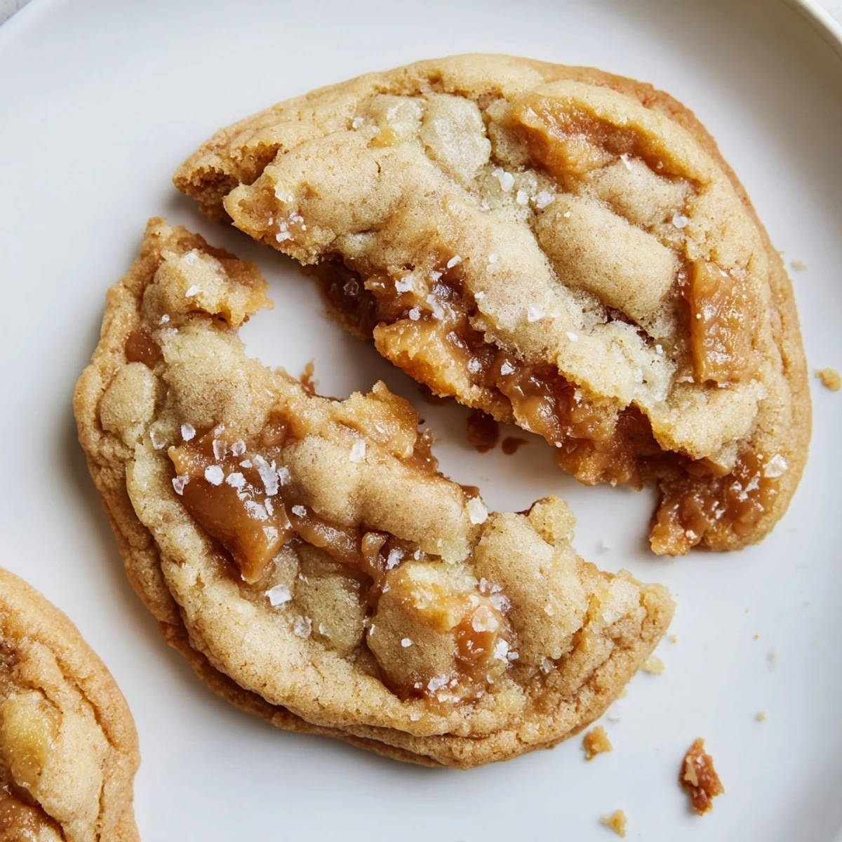 Chewy homemade sea salt caramel cookies cooling on wire rack with glossy caramel pieces