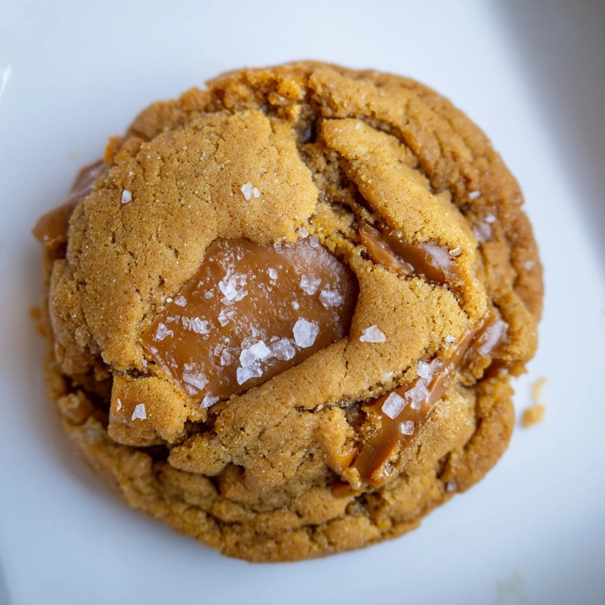 Golden brown sea salt caramel cookies with melted caramel bits and flaky salt topping