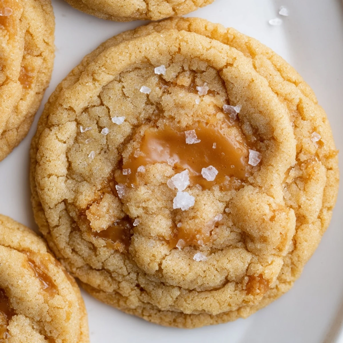 Buttery sea salt caramel cookies stacked showing sweet and salty caramel chunk texture