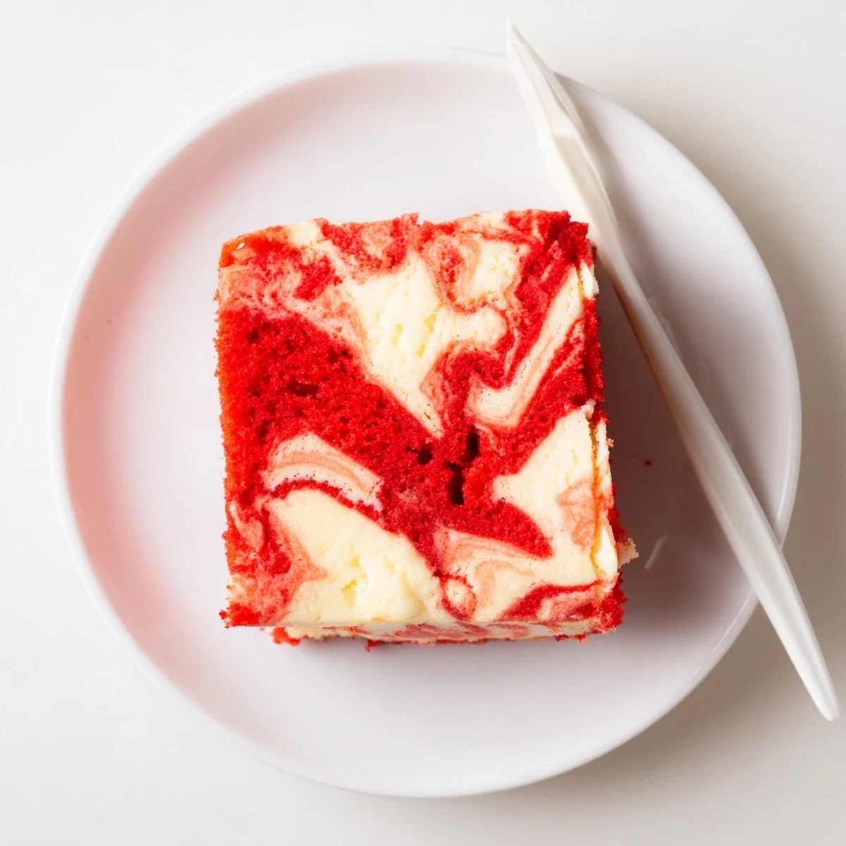 Sliced red velvet cheesecake swirl cake showing marbled cream cheese and red layers
