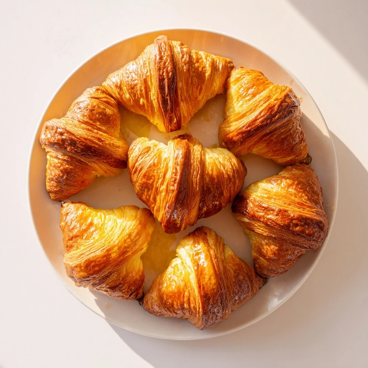 Freshly baked air fryer croissant recipe displaying golden brown crescent shape on white plate
